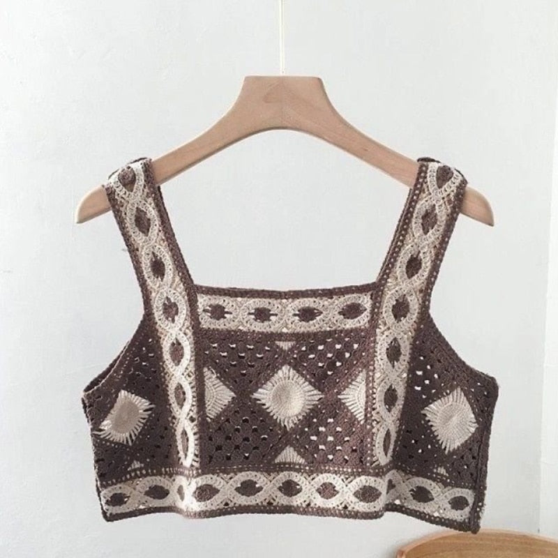 Lizakosht Patchwork Cropped Top Women Clothing Knitted Hollow Out Camisole Female Clothes Backless Lace Tops Ladies Tank-top Summer