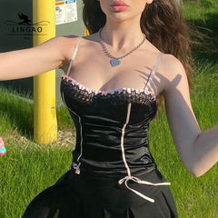 Summer New Black Aesthetic Cami Crop Patchwork Lace Trim Vintage Girl Clothes Sexy Slim Contrast Stitched Lace Up Tops
