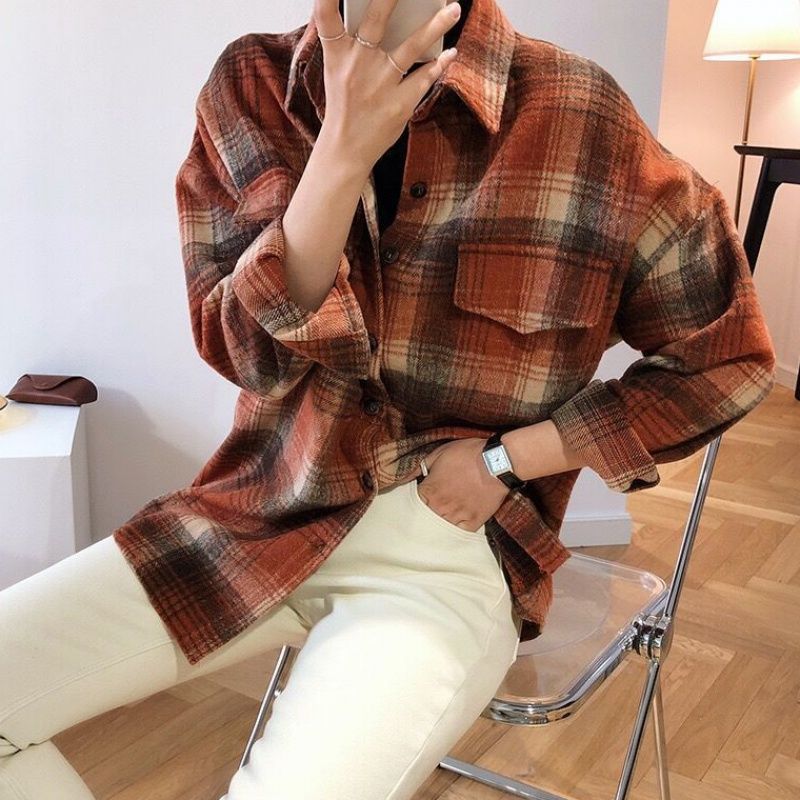 Women Spring Autumn Long Sleeve Blouse Plaid Flannel Boyfriend Tunic Shirts Loose Casual Street Lady Korean Oversized Top