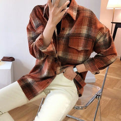Women Spring Autumn Long Sleeve Blouse Plaid Flannel Boyfriend Tunic Shirts Loose Casual Street Lady Korean Oversized Top