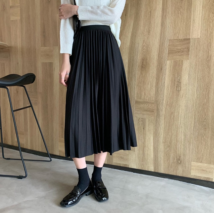 Vintage Floral Print A-line Pleated Long Skirts winter Women Korean Skirt Streetwear Drawstring Elastic Waist Midi Skirt lined