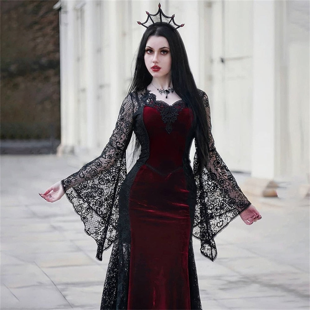 Gothic Dark Mesh Midi Dress Women Victorian Costume Velvet Robe Renaissance Witch Medieval Dresses Cosplay Wizard Halloween Y2k