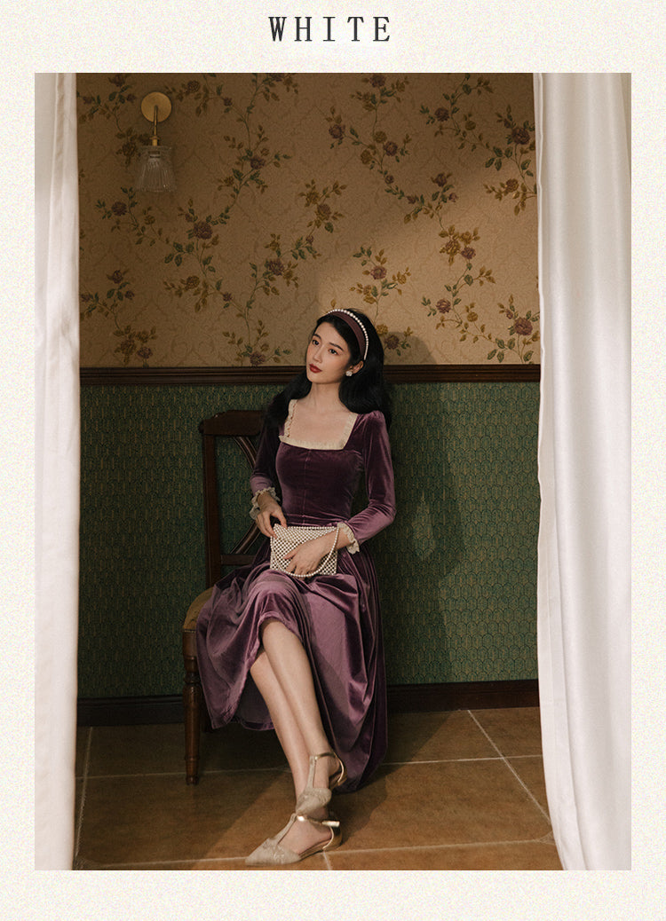 Vintage Velvet Dress Woman Solid Claret & Purple Color Square Collar Ruffles Elegant Lady Dinner Dresses Retro Vestido Festa