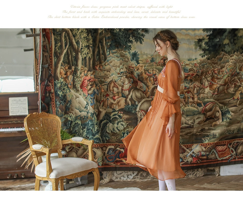 Lizakosht Spring Autumn Dress Women Vintage Elegant Slim Midi Dress Sweet Mori Girl Retro Embroidery Long Sleeve Lace Patchwork Long Dress