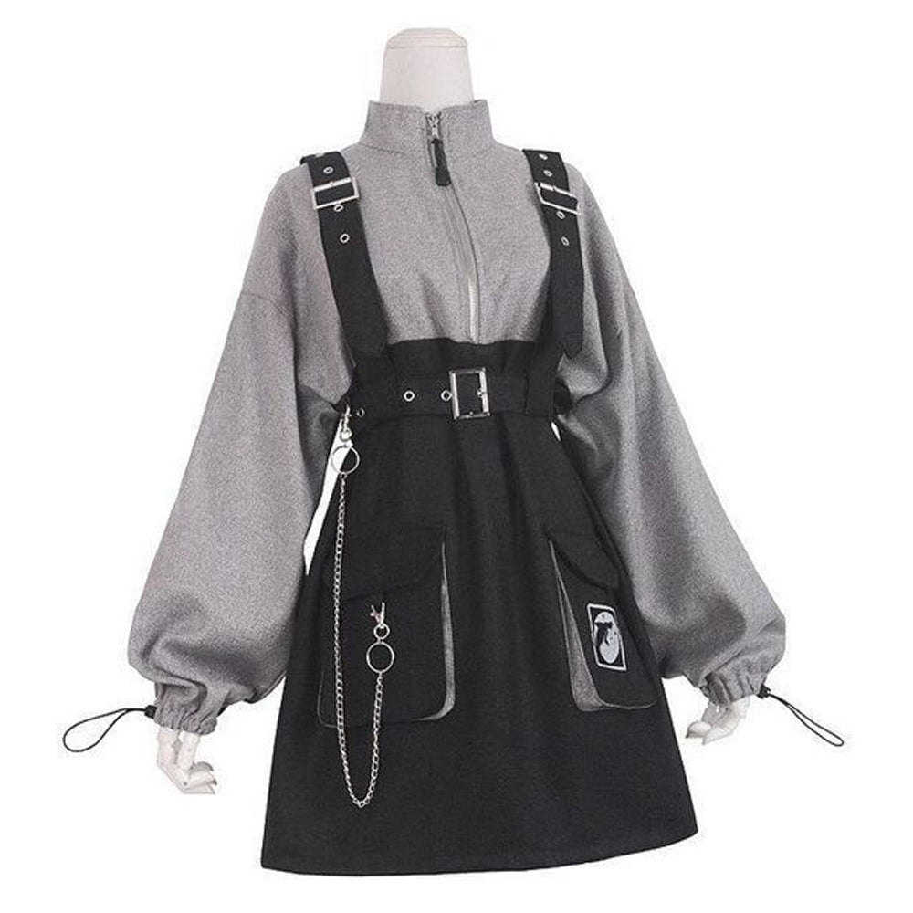 Retro Vintage Women Gothic Girls Punk Mini Dress High Waist Long Sleeve Hat Collar Sexy Gry Black Lolita Plus Size Jurken