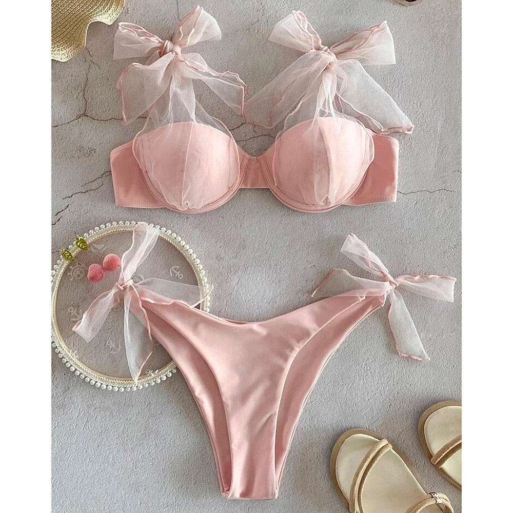 Lizakosht  Sexy Pink Bikinis Women Swimsuit 2022 Push Up Mesh Strappy Swimwear Brazilian Biquini Bathing Suit Beachwear