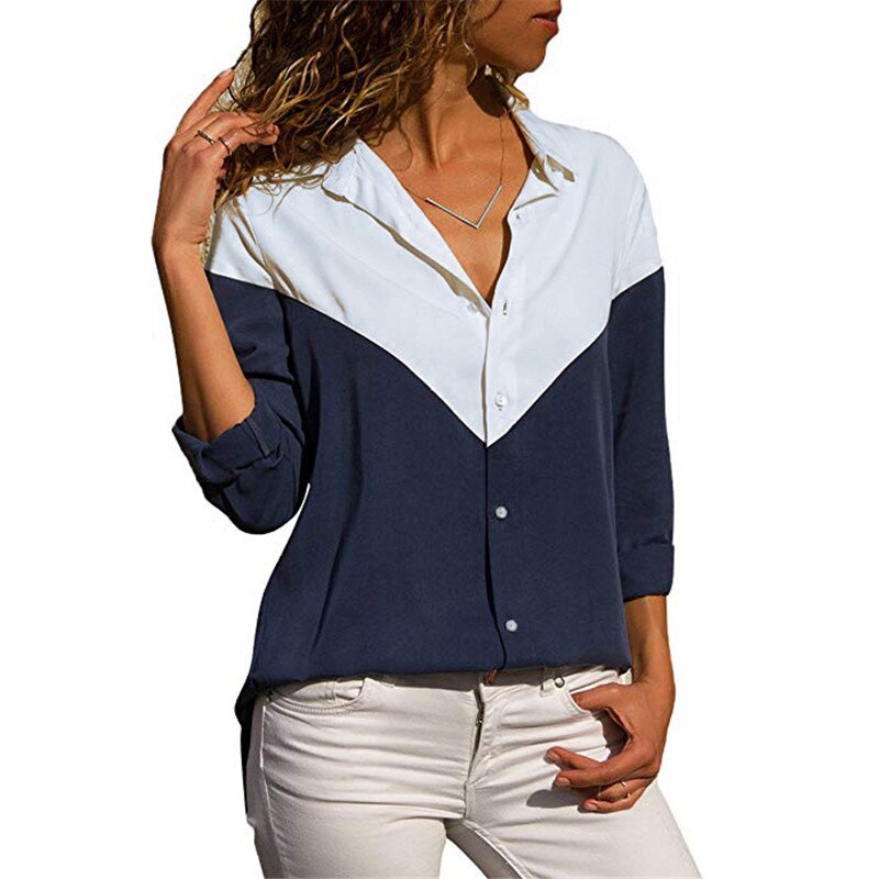Lizakosht Fashion Women Ladies Long Sleeve Loose Blouse Summer V-Neck Casual Shirts Tops Clothing Turn Down Collar Office Casual Clothes