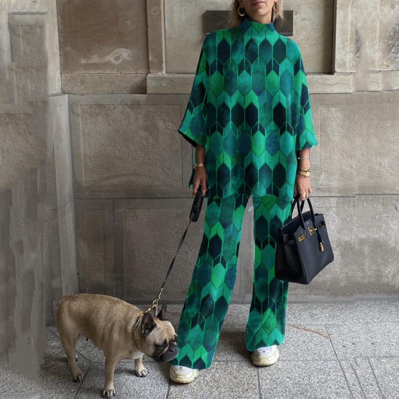 Fashion Turtleneck Hoodie And Wide Leg Pants Suit Elegant Pattern Print Tracksuits Outfit Women Long Sleeve Loose Two Piece Sets