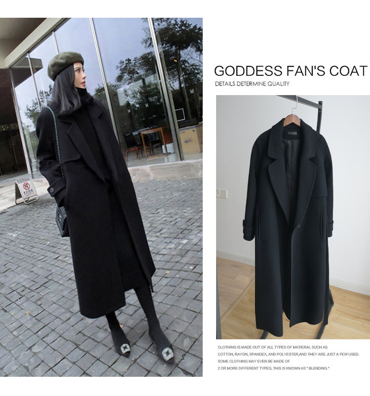 Fall/Winter 2021black woolen coat women's fashion coat loose belt temperament is thin casual wool coat trench  Office Lady Long