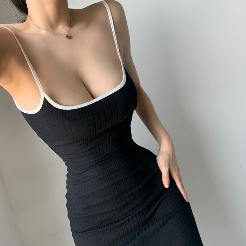 Summer New Sexy Sling Dress Hit Color Edging Solid Color Stretch Bag Hip Pencil Dress Fashion Ins