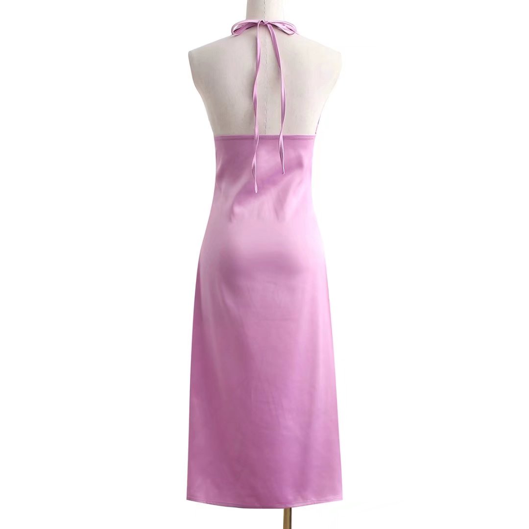 Summer dress women  evening party dresses sexy v neck dress sleeveless midi dresses satin ruched halter dress backless white