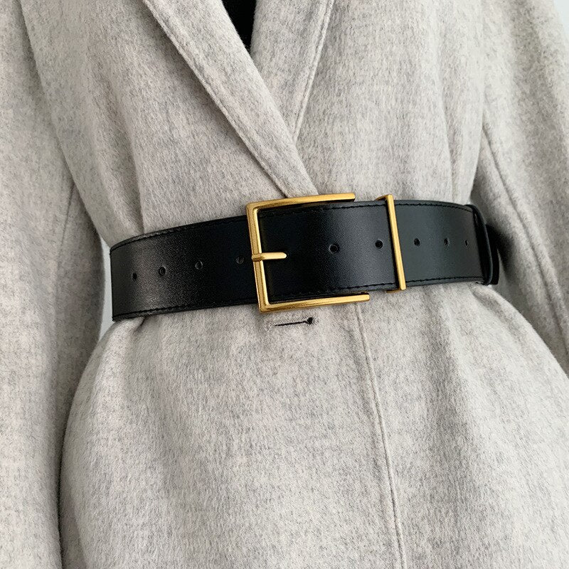 Women's Fashion Black Wide Belt Square Pin Buckle Imitation leather Waist Strap Decorative Coat Dress Simple Dress Waistband
