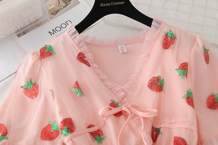 Sweet Elegant Strawberry Dress Women Summer 2022 Pink Beach Boho Party Midi Dress Ruffle Kawaii Korean Casual Vacation Clothing