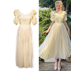 Lizakosht  Vintage Elegant Appliques Bell Yellow A Line Princess Dress Puff Sleeve Fitness Casual Midi Long Dress Vestidos Chic