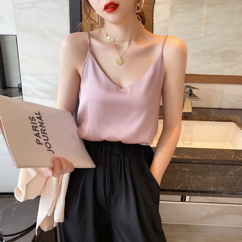 Korean Silk Women Tops Camis Woman Satin Tank Top Fashion Lady V-Neck Camis Women Sleeveless White Tops Sexy Halter Top XXXL