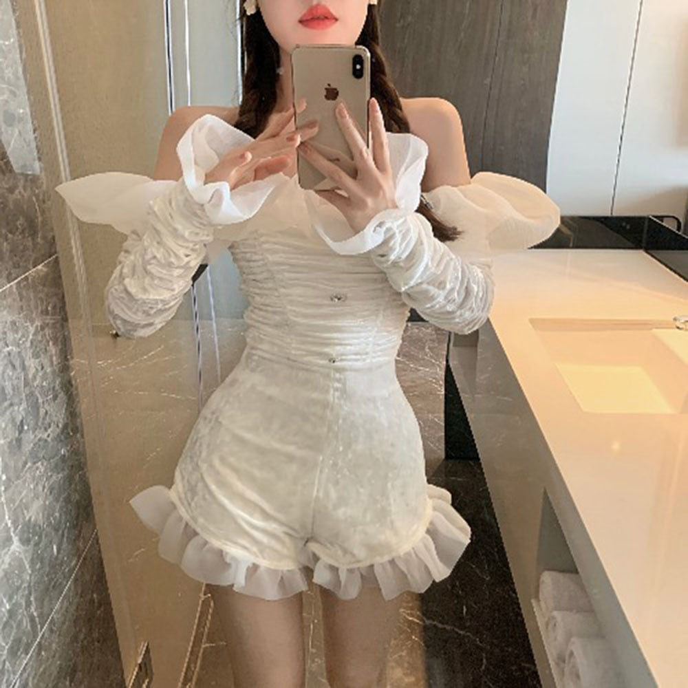 Playsuits Bodycon Bodysuits Ruffles Flare Sleeve Sexy Style Club Jumpsuits for Women spring autumn Off Shoulder Slash Neck