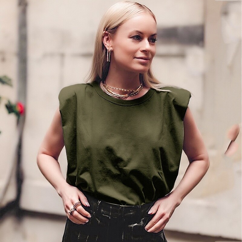 Summer Sleeveless Top Female O Neck White Women Blouse Padded Shoulder Tshirt Loose solid Chic Casual Blouses Muscle Tee Tanks