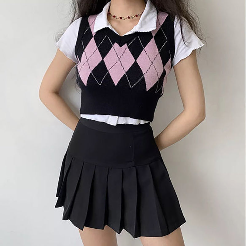 Lizakosht Vintage Argyle Plaid Sweater Vest Women V-Neck Female Sleeveless Tank Jumper Ladies Short Spring Knitting Pullovers Tops