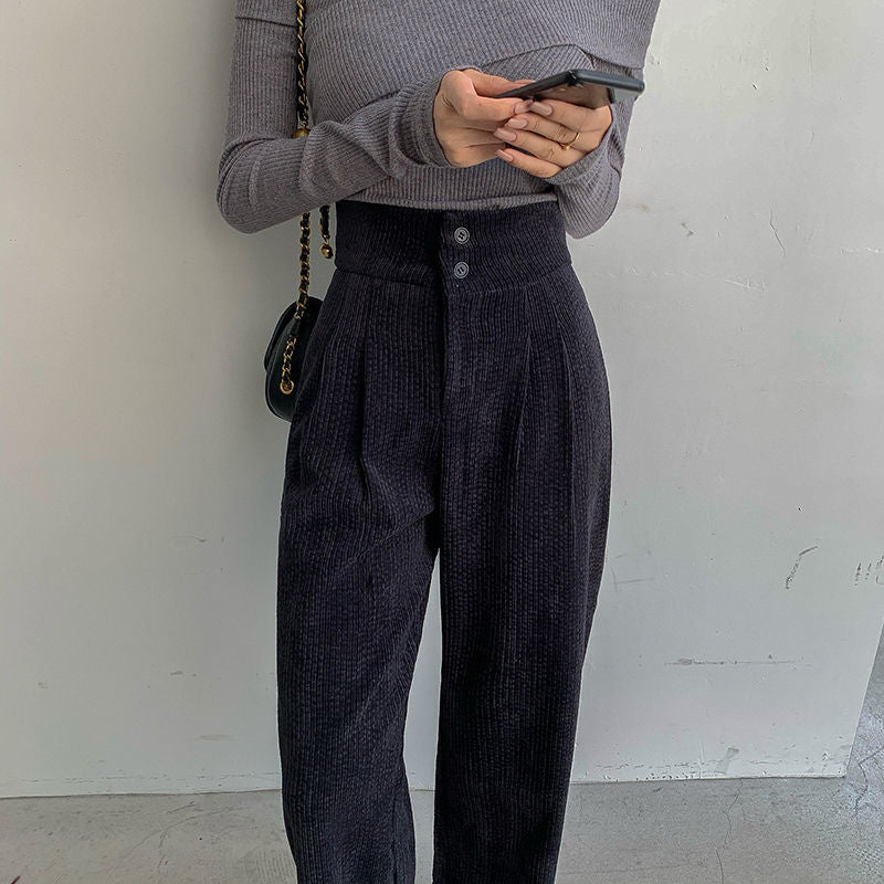 Hstar High Waist Double Button Loose Female Straight Leg Trousers Casual Pantalon Femme Pant Fashion Women Corduroy Long Pant