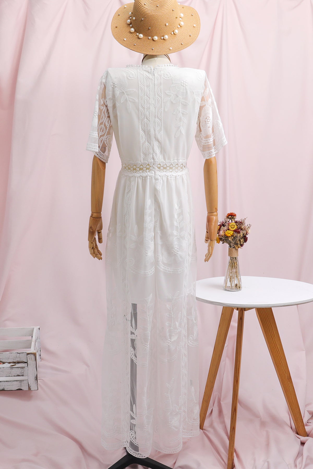 Summer Boho Women Maxi Dress Loose Embroidery White Lace long Tunic Beach Dress Vacation Holiday Women Clothing