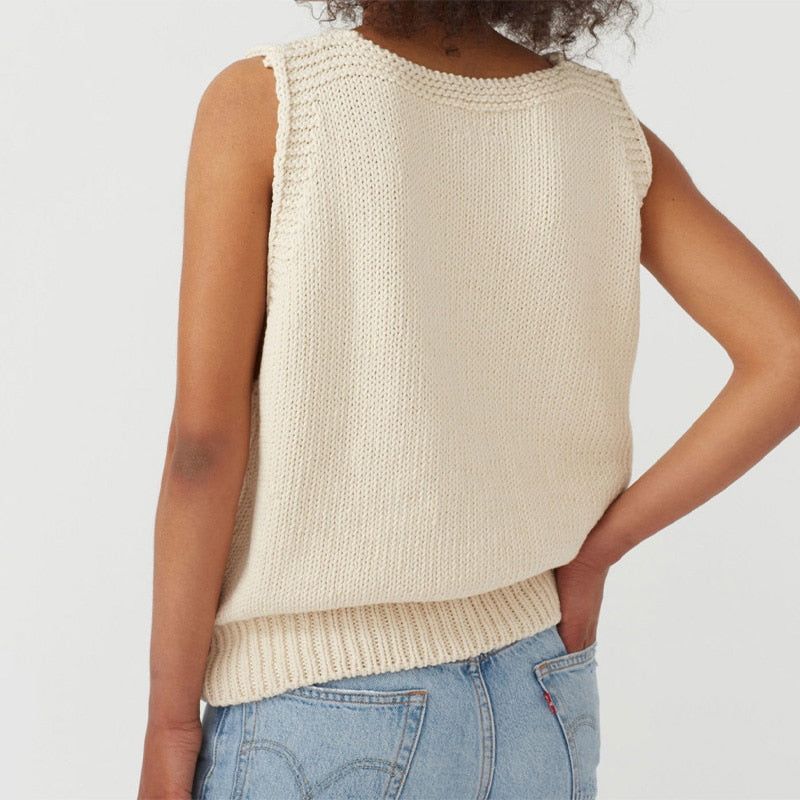 Autumn Knitted Sleeveless Women's Vest V-neck Solid White Female Vests New Fashion Casual Ladies Sweater Top