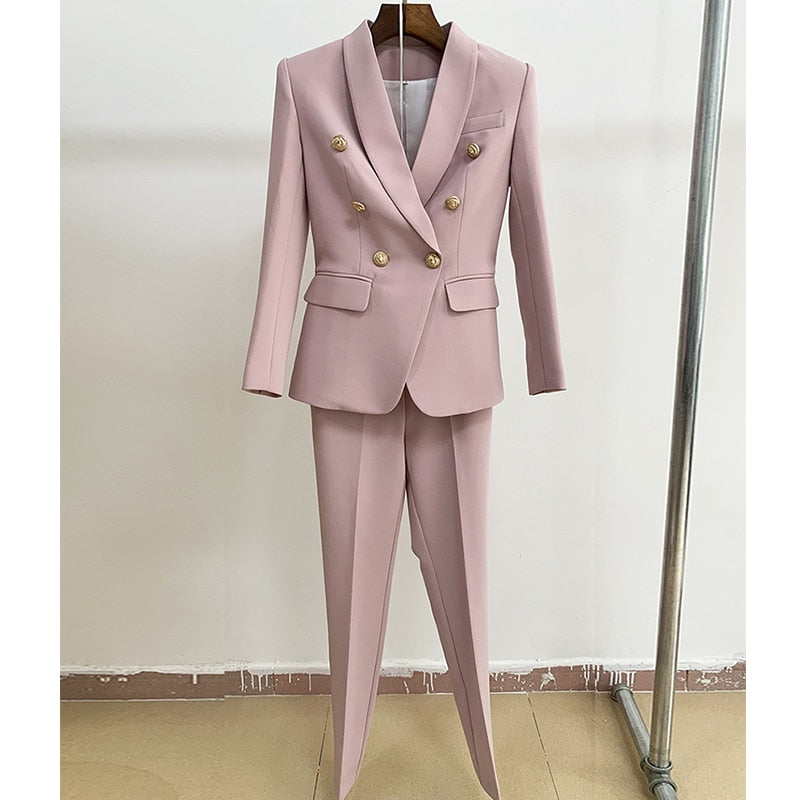 Office Ladies women's pantsuit Red Pink Business Classic Double-breasted Buttons Nine Blazer Pants Set Two Piece Formal Suits