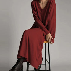 Sexy V Neck Knitted Simple Dress Vintage Women Casual Solid Color Party Dresses New Spring Autumn Loose Long Sleeve A Line Dress