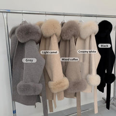 Lizakosht Luxury Oversized Real Cashmere Blend Coat Women Winter Wool Hooded Cardigan Jacket With Genuine Fox Fur Collar