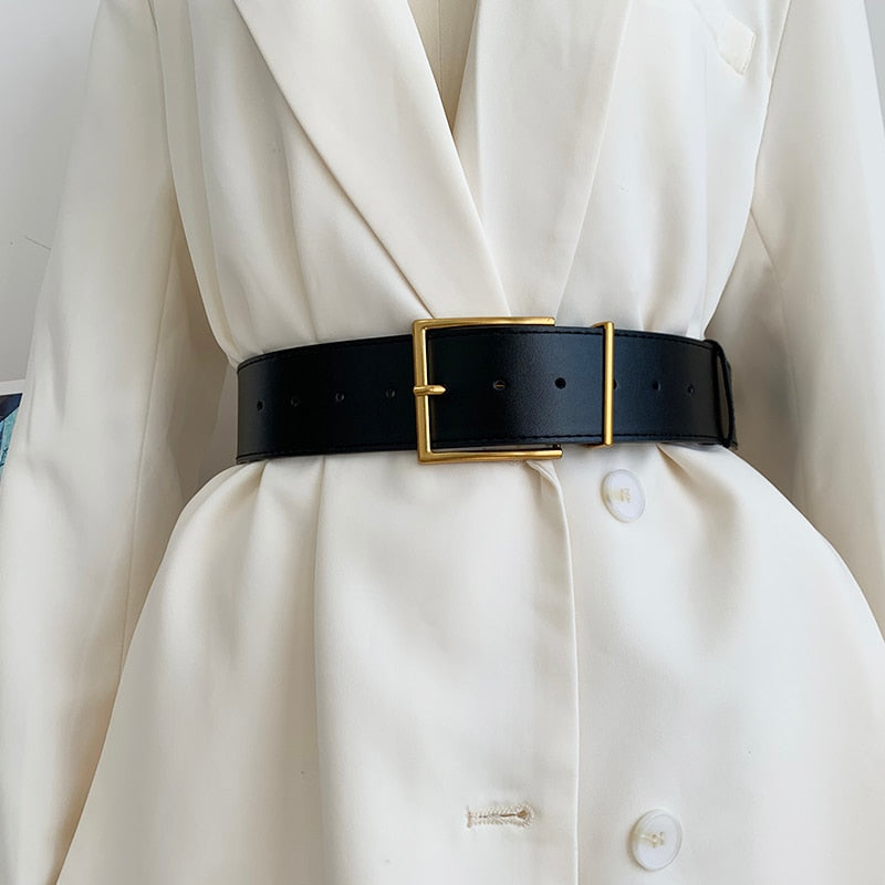 Women's Fashion Black Wide Belt Square Pin Buckle Imitation leather Waist Strap Decorative Coat Dress Simple Dress Waistband