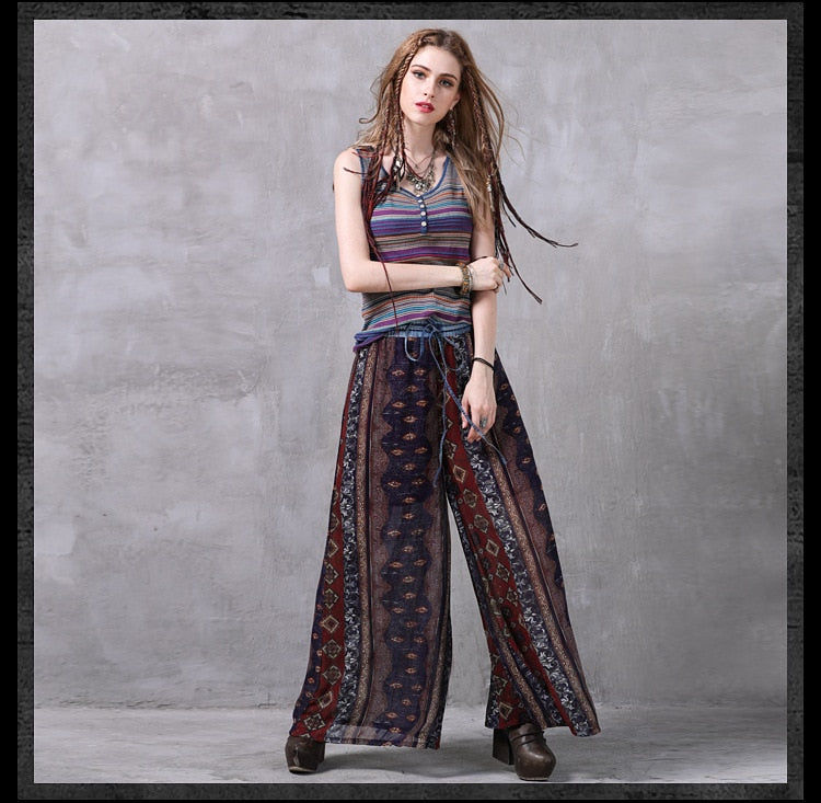 Summer Beach Fashion Bohemian Printed Wide Leg Pants Women Casual Cotton Linen Bottoms Thailand India Retro Split Loose Trousers
