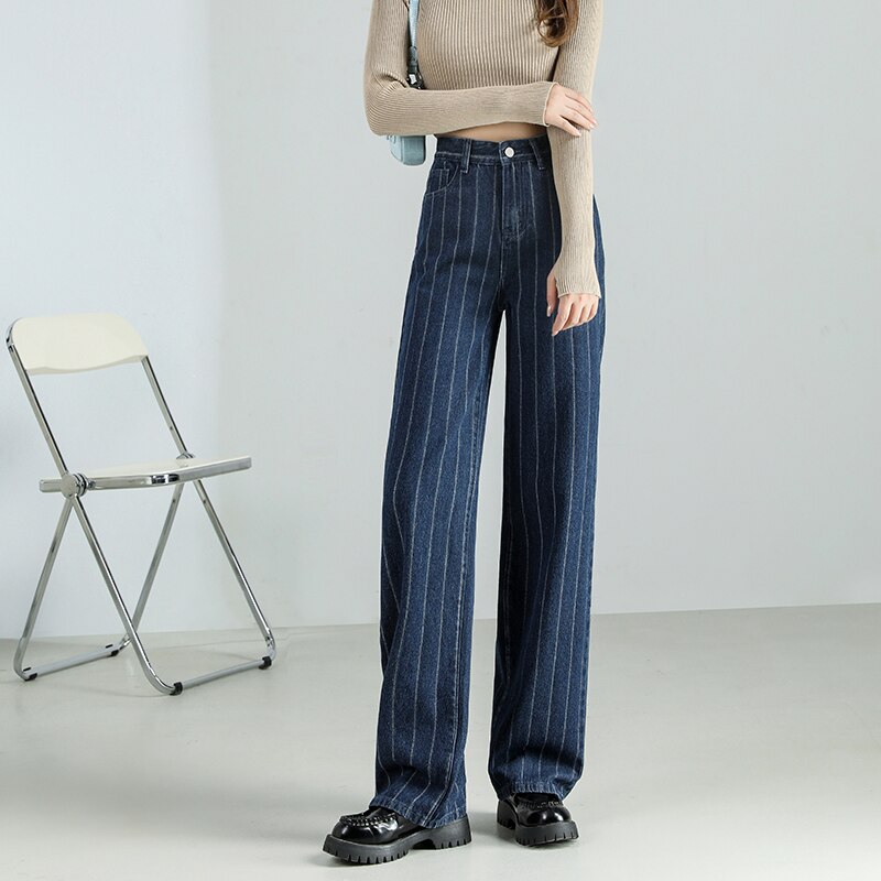 Stripe Jeans Straight Pants Loose High Waist Plus Size Women Casual  Fashion Retro Cowboy Wide Leg Trousers 2022 New