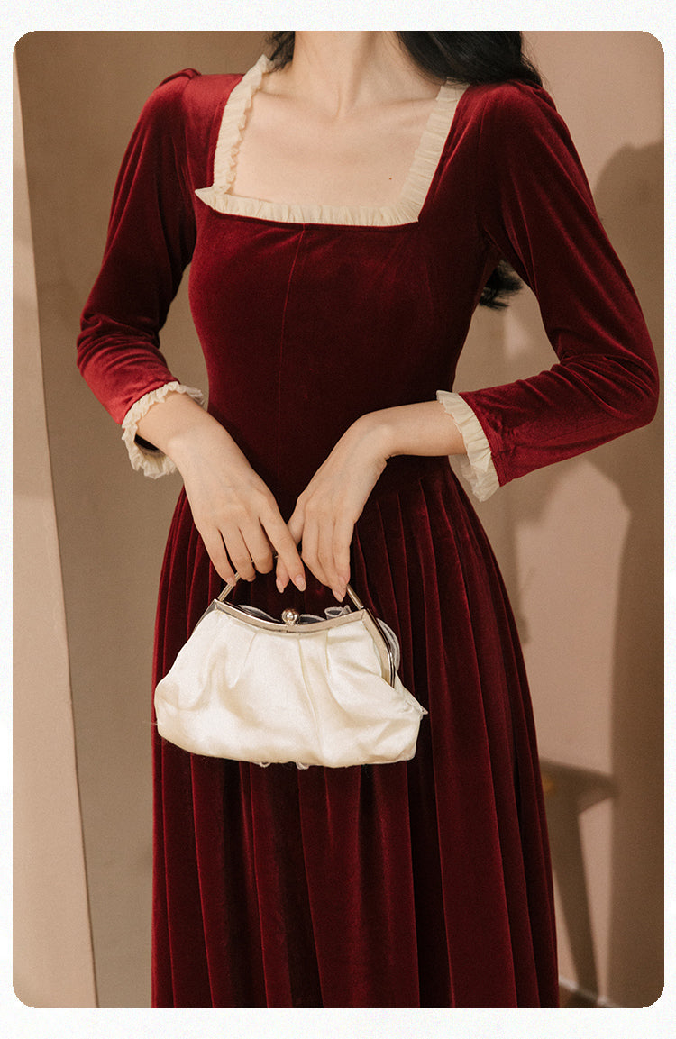 Vintage Velvet Dress Woman Solid Claret & Purple Color Square Collar Ruffles Elegant Lady Dinner Dresses Retro Vestido Festa