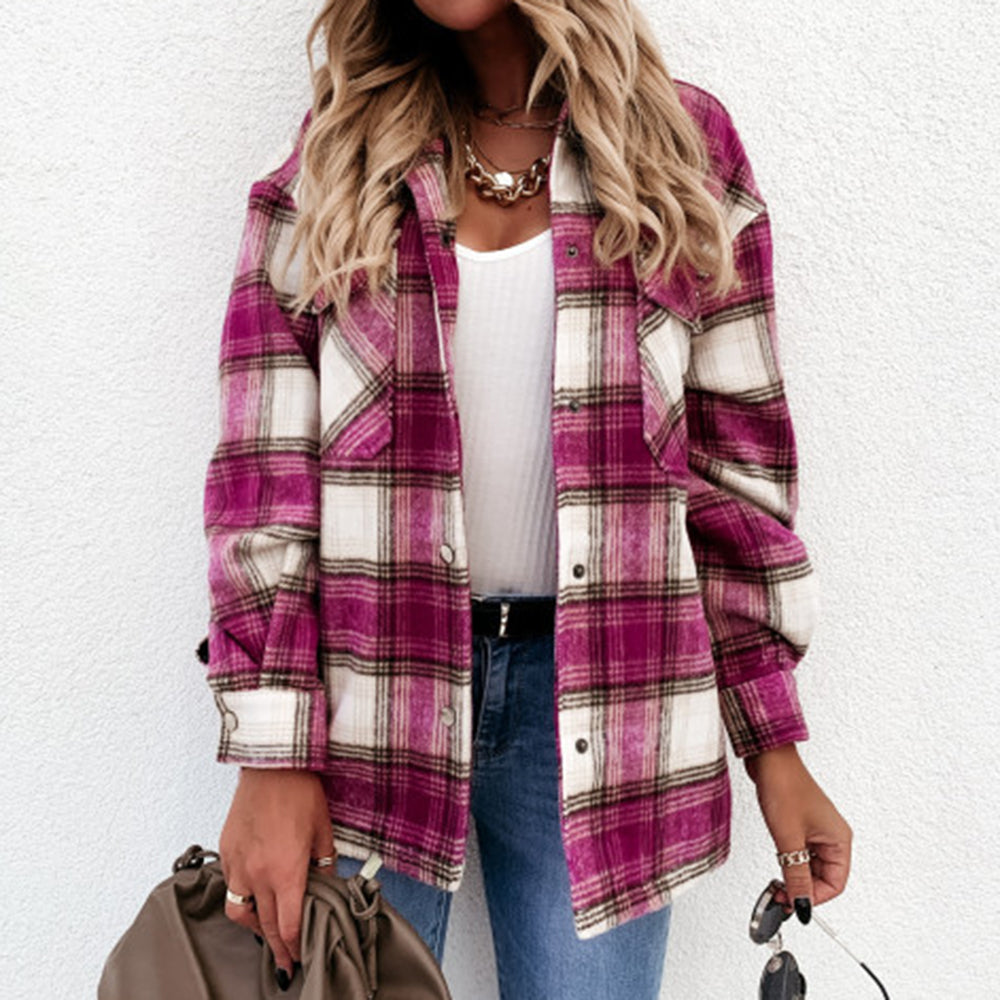 Women Vintage Warm Shirt Jacket Autumn Winter Plaid Long Shirt Jacekt Casual Loose Buttons Pockets Turn down Shirt Coat