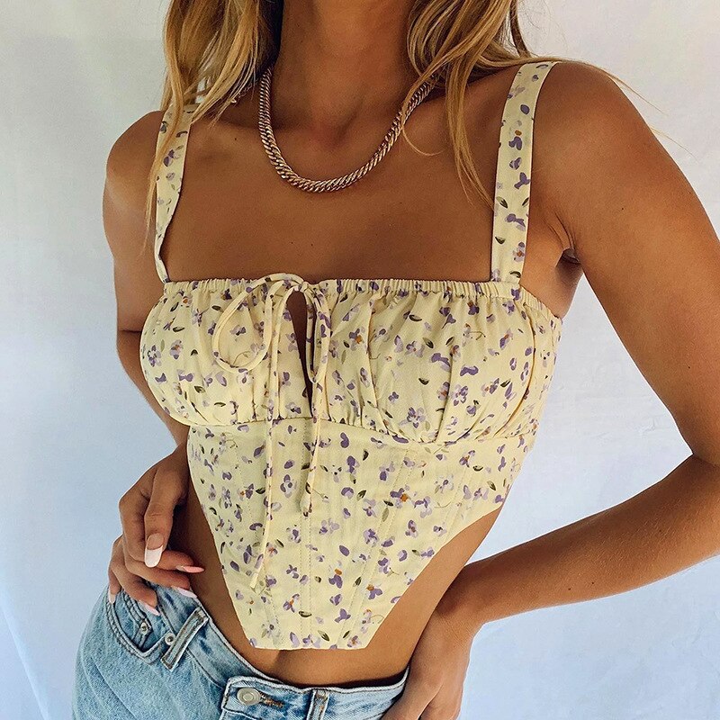 Lizakosht  High Quality Elegant Sexy V-neck Crop Tops Summer Floral Women's Corset Top  Club Party Tee Shirts Mujer