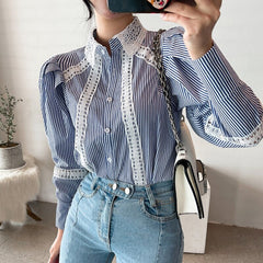 Early Autumn New Blouse Female Korean Lapel Hollow Lace Stitching Striped Blusa Loose Single-breasted Puff Sleeve Shirt DK1238