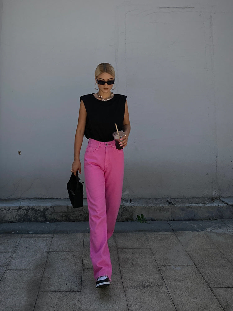 Candy Color High Waist Straight Wide Legs Pants Thin Jeans Women's Green Pants Denim Trousers Fashion Korean Women M8A