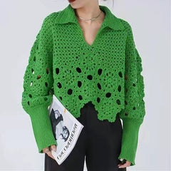 New  Spring Autumn Women Sweater Pullovers Knitted Korean Fashion Hollow Out Irregular Jumpers Short Tops