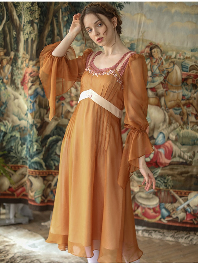 Lizakosht Spring Autumn Dress Women Vintage Elegant Slim Midi Dress Sweet Mori Girl Retro Embroidery Long Sleeve Lace Patchwork Long Dress