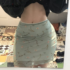 Lizakosht 2000s Aesthetic Cute Mni Skirts Womens Double Layer Mesh Flower Print Kawaii Clothes Low Waist Slim Sexy Summer Skirt