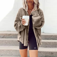 Lizakosht Autumn Winter Fashion Breasted Button Coats Women Elegant Solid Color Ribbed Tops Jackets Casual Loose Long Sleeve Outwear New