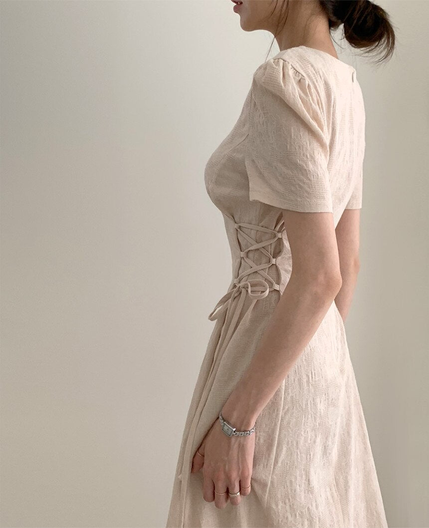 Summer Women Solid Dress French Pattern V-neck Slim Waist Side Straps And Long Short-sleeved Dress Elegent Party Dress