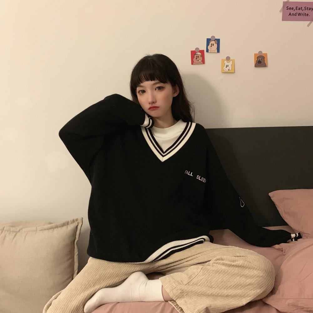 Sweaters Women Ulzzang Letter Chic Vintage V-neck Daily Oversize Girls Pullovers Student Fall Casual All-match Ins Women Sweater
