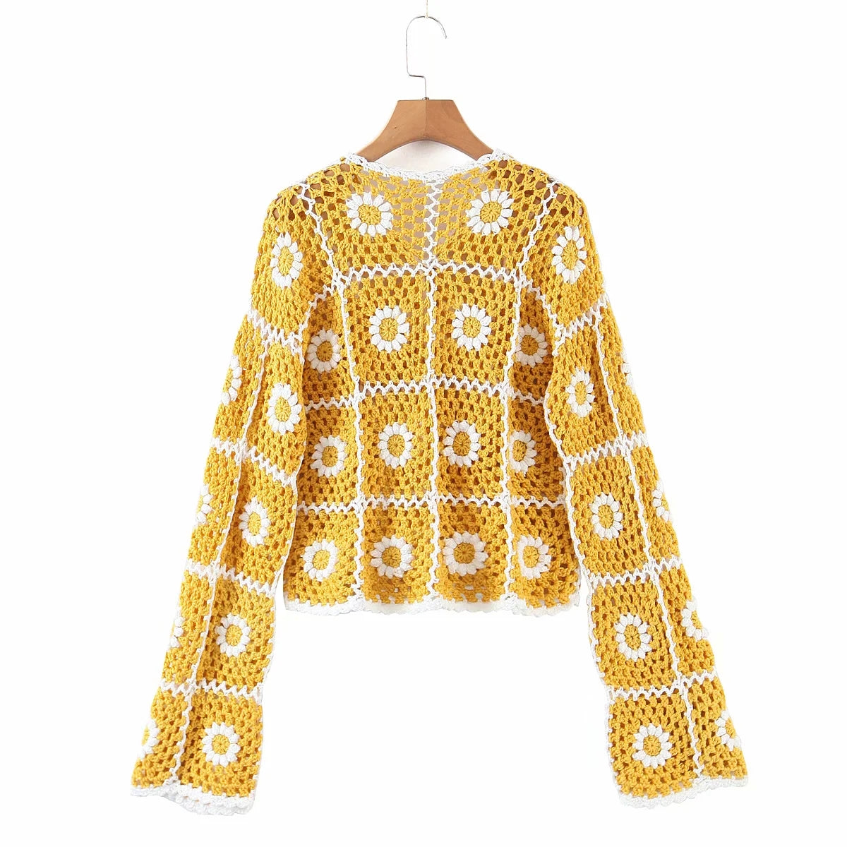 Foridol Sunflower Crochet Yellow Knitted Sweater Cardigans Women Spring Autumn Casual Hollow Out Short Cardigan Harajuku