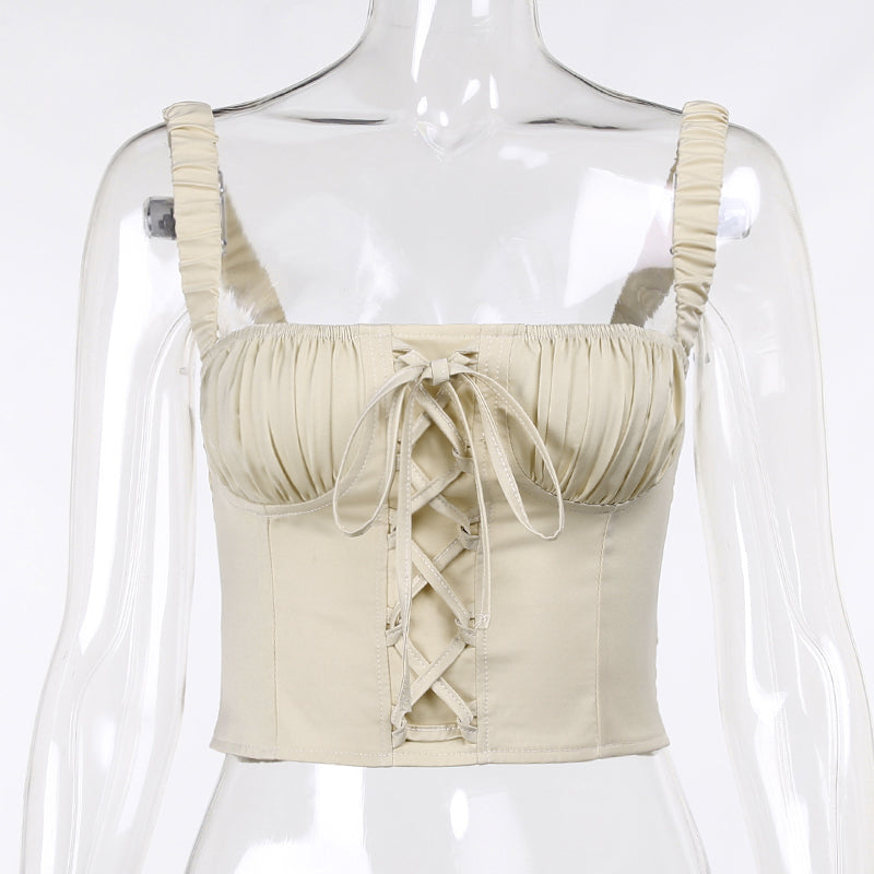 Lizakosht  Ruched Lace Up Backless Camisole Tops For Women Elastic Sleeveless Front Cross Summer Slim Sexy Girl Cropped Top 2021