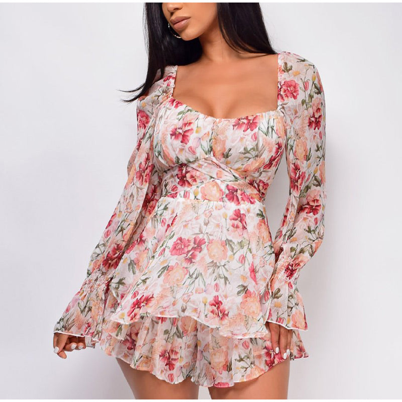 Lizakosht  Women's Chiffon Long Sleeves Jumpsuit Lace Up Ruffle Floral Print Romper Female Playsuit 2022 Ladies Sexy Square Collar Jumpsuit
