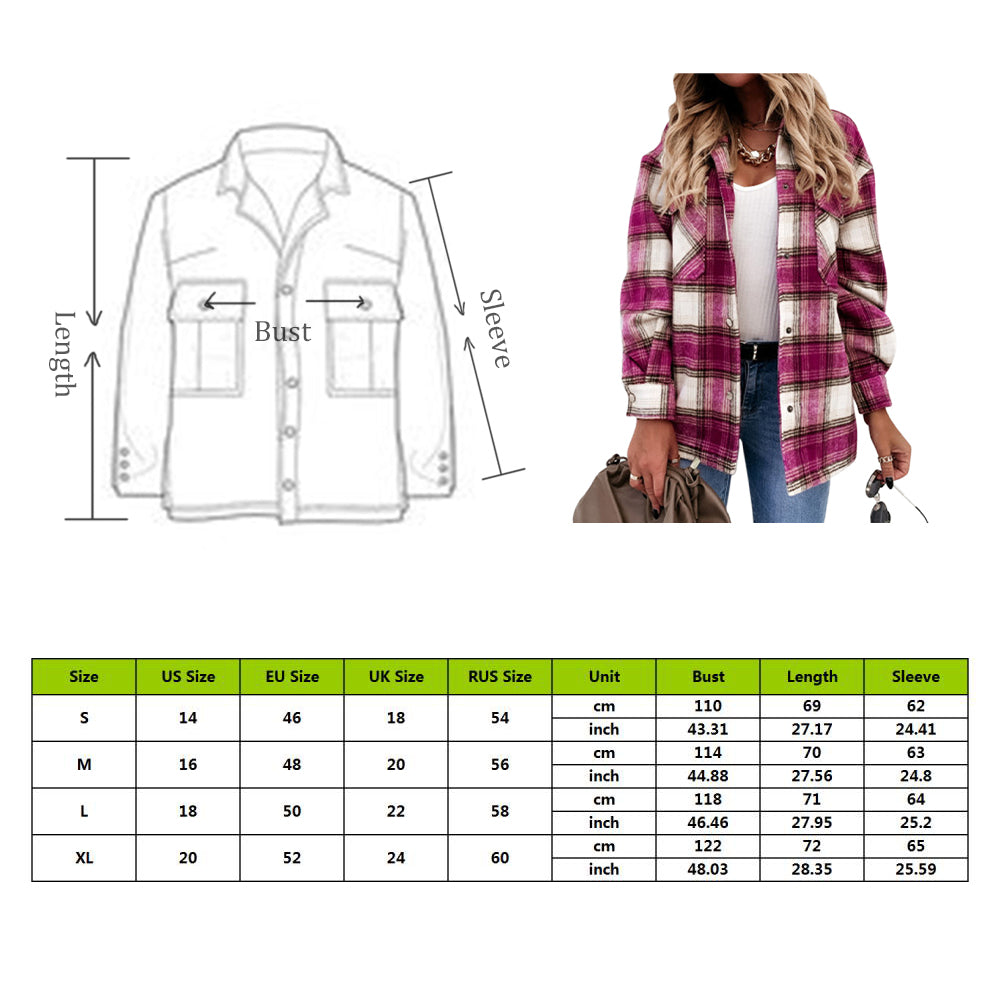 Women Vintage Warm Shirt Jacket Autumn Winter Plaid Long Shirt Jacekt Casual Loose Buttons Pockets Turn down Shirt Coat