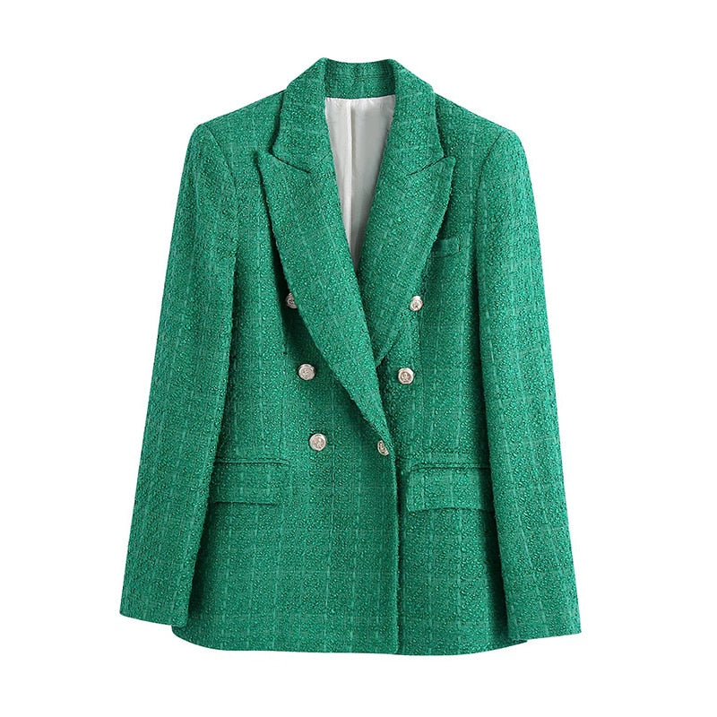 Ardm Office Lady Green Tweed Autumn Winter Jacket Women Notch Long Sleeve Double Breasted Pocket Blazers Coat Femme Tops Outwear