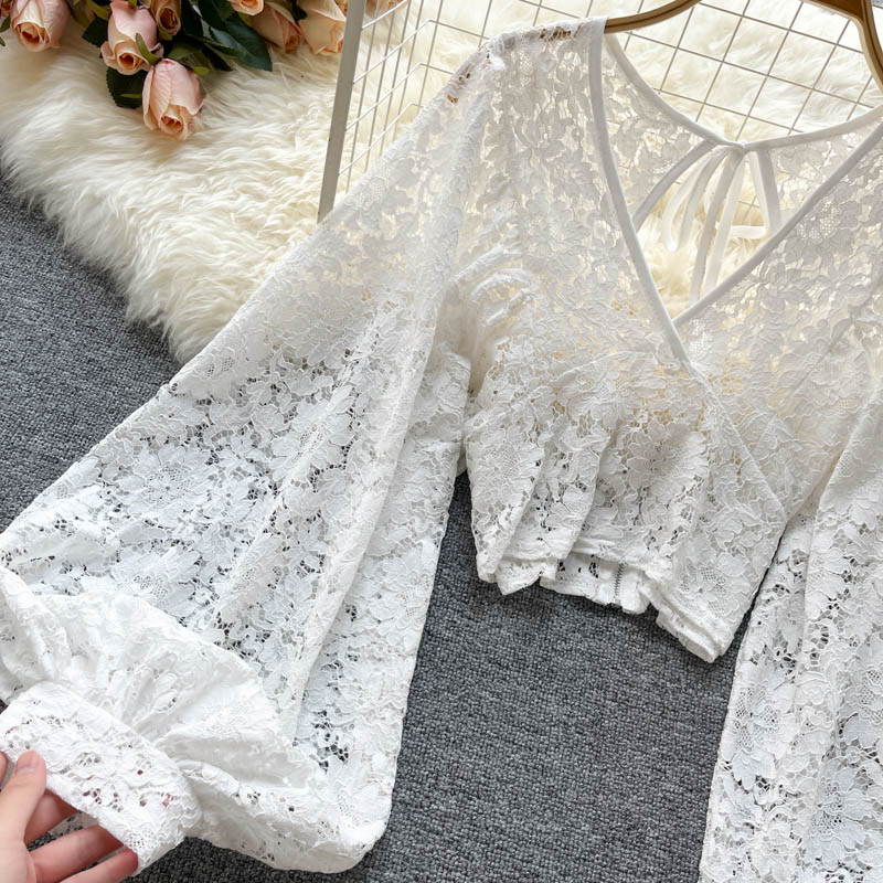 Lizakosht Autumn Black/White/Brown Sexy Lace Blouse Women Elegant V-Neck Puff Long Sleeve Open Back Short Tops Female Party Blusas