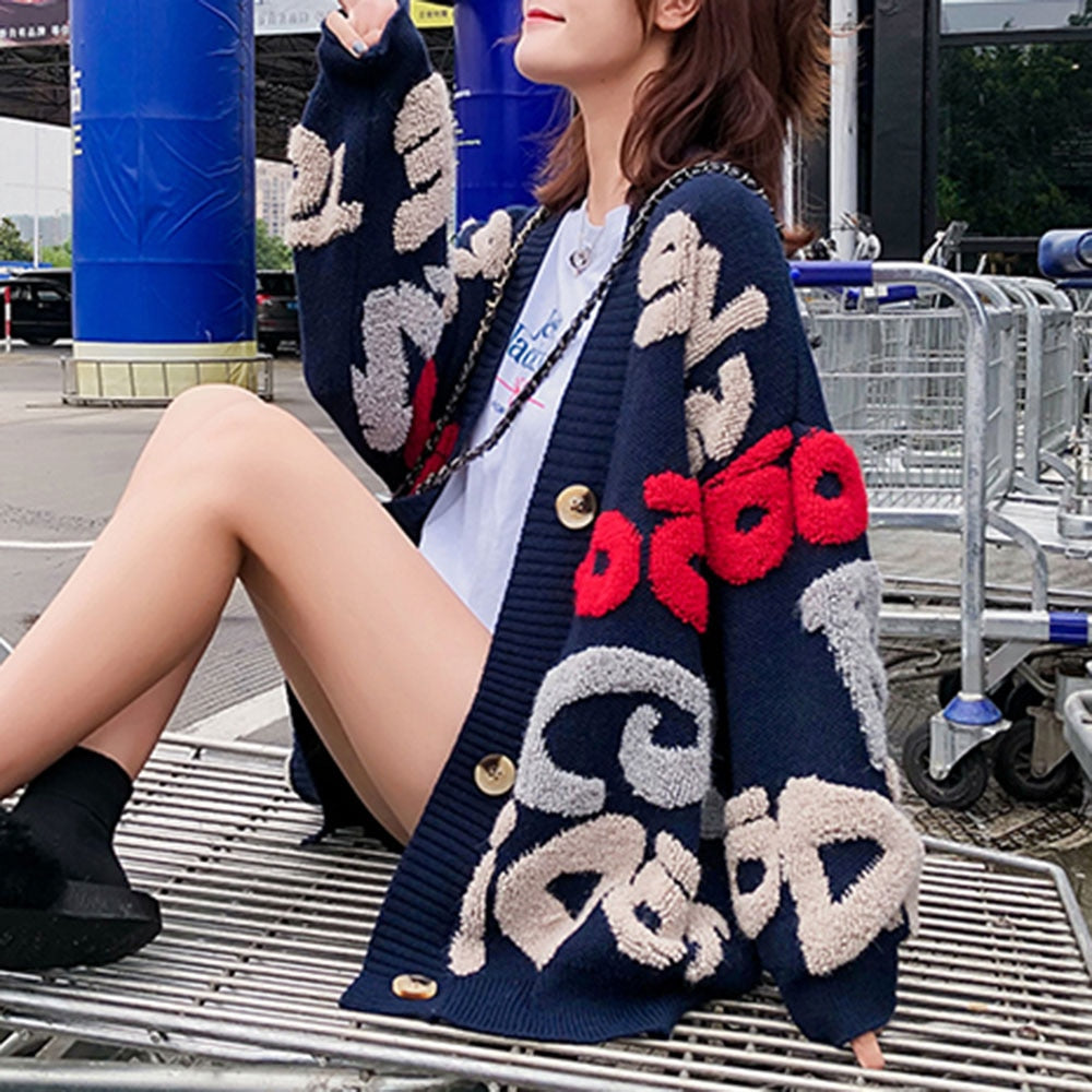 Casual Oversize Letter Print Cardigan Sweater Female Fashion Thick Warm Korean Knitted Coat Outwear Knitwear 2022  Winter Jersey