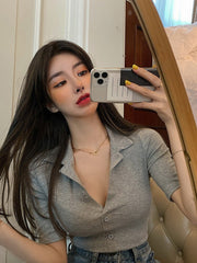 cotton knitted crop tops for Sexy women 2022 Summer female solid short-sleeve elasticity polo shirt